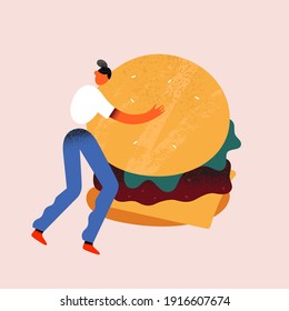 Woman Holding Burger, Tiny Human Character Holding And Hugging A A Huge Cheeseburger With Lettuce And Beef Patty, Vector Cartoon Illutration, Foodie Person