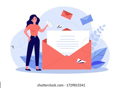 Woman holding business message in envelope flat vector illustration. Cartoon female office employee working with mail. Communication and contact concept