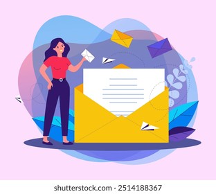 Mulher segurando mensagem de negócios em envelope ilustração vetor plana. Funcionária do escritório do desenho animado trabalhando com correio. Conceito de comunicação e contato