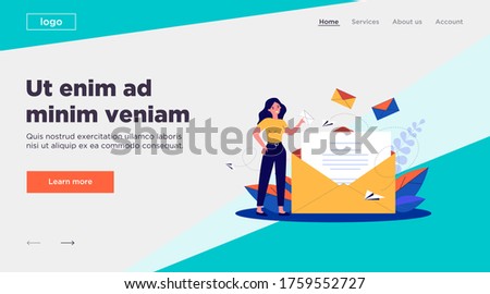 Woman holding business message in envelope flat vector illustration. Cartoon female office employee working with mail. Communication and contact concept