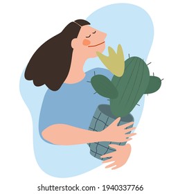 Woman holding cactus. Flat vector illustration. Indoor plants growing, selling, delivery and care service concept