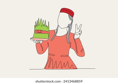 A woman holding a cake at the Nowruz celebration. Nowruz one-line drawing