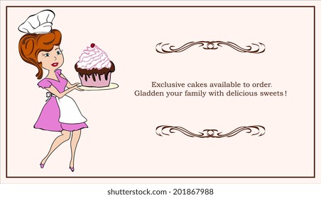 Woman holding a cake on a tray,  cutaway. Vector illustration
