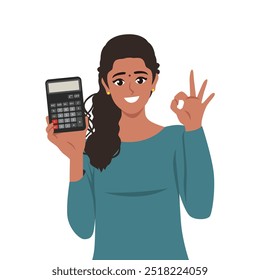 Woman holding a calculator in the hands. Flat vector Character illustration
