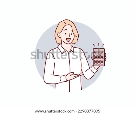 woman holding a calculator in the hands. Hand drawn style vector design illustrations.