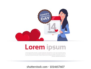 Woman Holding Calendar Page 14 February Happy Valentines Day Concept Flat Vector Illustration
