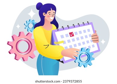 woman holding a calendar. Time management, timing, self organization, business planning. Deadlines, day schedule planning business plan, events, reminder and timetable. vector people illustration.