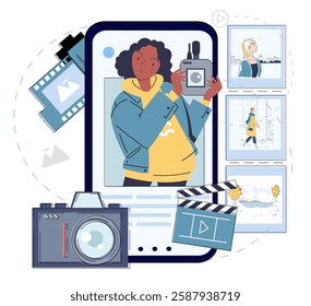 A woman holding a camera inside a smartphone screen, surrounded by graphycs and video elements like film reels, snapshots, and clapperboards. Creative media concept. Vector illustration