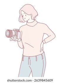 A woman holding a camera passionately showcases her love for photography in an elegant and minimalist style
