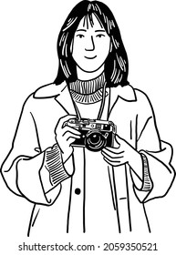 Woman holding camera People take picture Photographer Hand drawn line art illustration