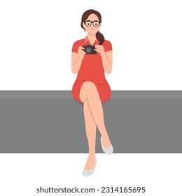 Woman holding camera People take photo Hobby. Flat vector illustration isolated on white background