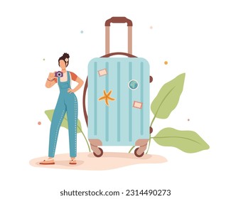Woman holding camera and standing near big luggage, planning travel abroad, going to great adventure. Vacation across world. Voyage overseas. Vector cartoon illustration