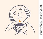 Woman holding candle. Symbol of prayer and church concept in simple linear style. Doodle outline illustration. Memorial linear symbol.