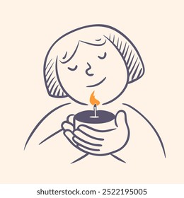 Woman holding candle. Symbol of prayer and church concept in simple linear style. Doodle outline illustration. Memorial linear symbol.