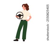 Woman holding car steering wheel, driver of automobile standing vector illustration