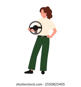 Woman holding car steering wheel, driver of automobile standing vector illustration