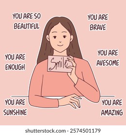 A woman holding a card with the word "Smile," spreading joy and positivity in celebration of World Compliment Day, illustrated with pastel tones