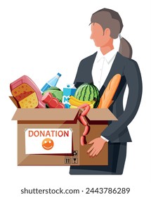 Mujer sosteniendo caja de cartón llena de comida. Artículos necesarios para la donación. Agua, pan, carne, leche, frutas y verduras. Banco de alimentos, caridad, concepto de acción de gracias. Ilustración vectorial plana