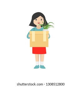 Woman is holding a cardboard box with personal items and a flower in a pot on it
