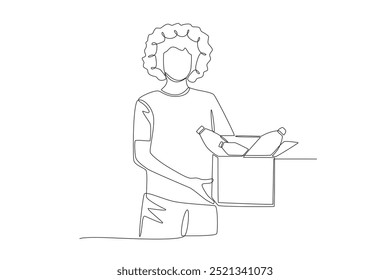 Woman holding cardboard trash can. Waste collection concept one-line drawing