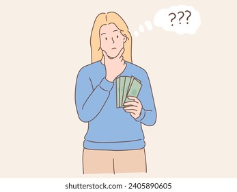 Woman holding cash and confused mind. Young woman dreaming about car travel home investment and saving money. Flat vector illustration isolated on whi