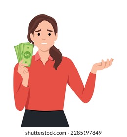 Mujer sosteniendo dinero en efectivo y pensamiento confuso. Mujer joven soñando con la inversión en el hogar, viajar en coche y ahorrar dinero. Ilustración vectorial plana aislada en fondo blanco