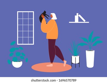 Woman holding cat in a cozy room with plants. Cat lady, cat lover. Girl staying home with pet. Love and friendship between owner and domestic animal. Flat vector illustration