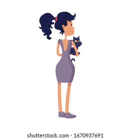 Woman holding cat in hands back view flat cartoon vector illustration. Beautiful lady with pet. Ready to use 2d character template for commercial, animation, printing design. Isolated comic hero