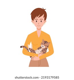 Woman holding cat in hands, flat vector illustration isolated on white background. Happy pet owner with kitten. Concept of friendship between human and animal. Girl cuddles cute cat.