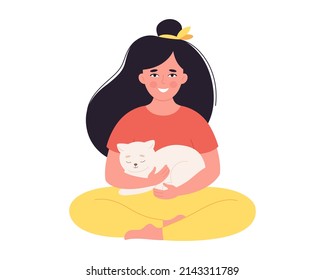 Woman holding cat. Woman with pet. Happy pet owner. Hand drawn vector illustration