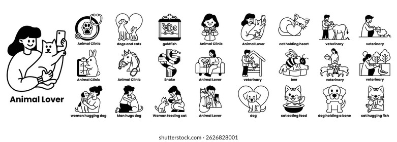 A woman is holding a cat. She is taking a picture of the cat. The cat is looking at the camera in line drawing style