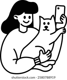 A woman is holding a cat and taking a picture of it with her phone. The cat is looking at the camera and he is curious. The woman is smiling and seems to be enjoying the moment