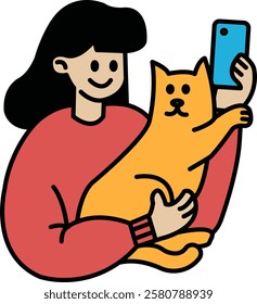 A woman is holding a cat and taking a picture of it with her phone. The cat is orange and he is happy
