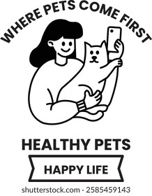 A woman is holding a cat and taking a picture of it in the style of sign illustrations
