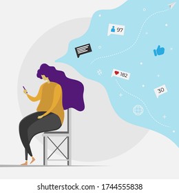 Woman holding cell phone flat design illustration. Hapiness on social media illustration. Girl get so many notification on her photo. Abstract background vector.