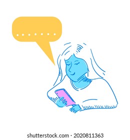 woman holding cell phone in hand. online communication. Vector illustration of character.