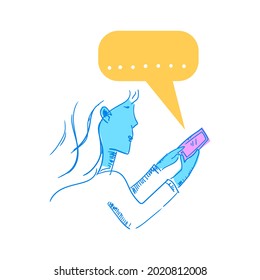 woman holding cell phone in hand. online communication. Vector illustration of character.