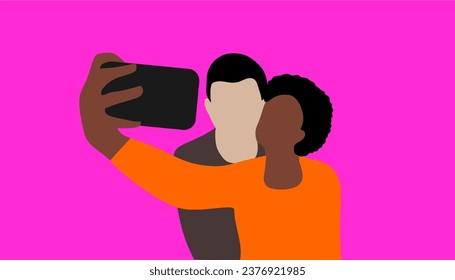 
A woman holding a cell phone while taking a selfie with a man. Man standing behind a woman and their faces touch while taking a photo. Romantic couple relationship in colorful vector illustration.