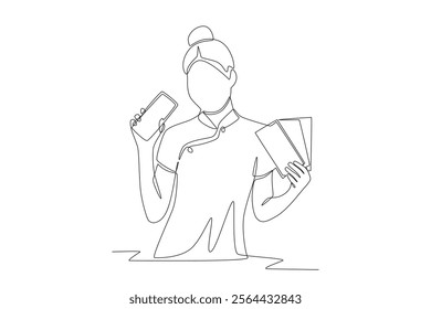 Woman holding cellphone and red envelope. Digital red envelopes concept one-line drawing