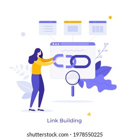 Woman holding chain on bowser window. Concept of link building for search engine optimization, acquiring hyperlinks from websites to get traffic. Modern flat colorful vector illustration for banner.