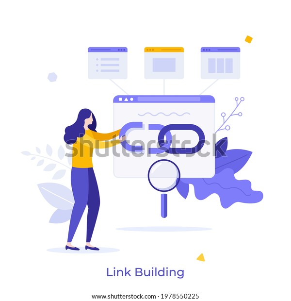 Woman holding chain on bowser window. Concept of\
link building for search engine optimization, acquiring hyperlinks\
from websites to get traffic. Modern flat colorful vector\
illustration for banner.