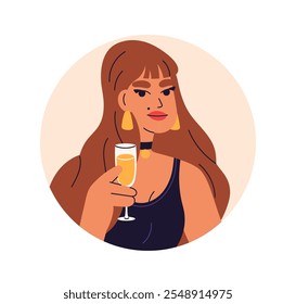 Mulher segurando uma taça de champanhe, celebrando a festa de fim de ano. Avatar de círculo, personagem feminina, retrato de menina com álcool festivo, copo de vinho. Ilustração de vetor plano isolada no plano de fundo branco