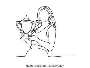 Woman holding the championship trophy one line drawing vector illustration.