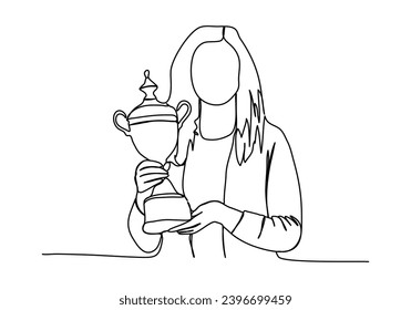 Woman holding the championship trophy one line drawing vector illustration.