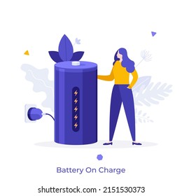 Woman holding charged battery plugged into socket. Concept of high energy level, electric power supply, charger for electronic gadgets. Modern flat colorful vector illustration for banner, poster.