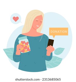 Woman holding charity jar with hearts and mobile phone with donation app concept. Cartoon volunteer giving help, support flat vector illustration