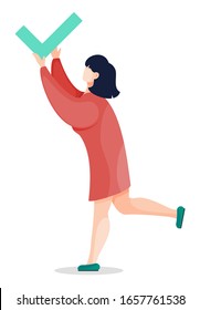 Woman holding check mark in hands isolated lady profile view. Vector illustration of girl with check sign, effective time management concept. Female made right choice, checkmark at voting, flat style