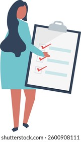 Woman holding a checklist, demonstrating task completion. A stylized illustration of a woman confidently holding a clipboard with a checklist.