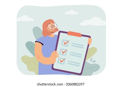 Woman holding checklist with done mark on clipboard. Girl with complete check list flat vector illustration. Business document, questionnaire concept for banner, website design or landing web page