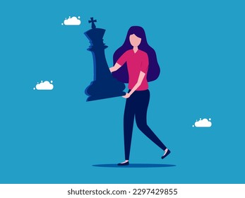 Woman holding chess. Business strategy planning. vector 